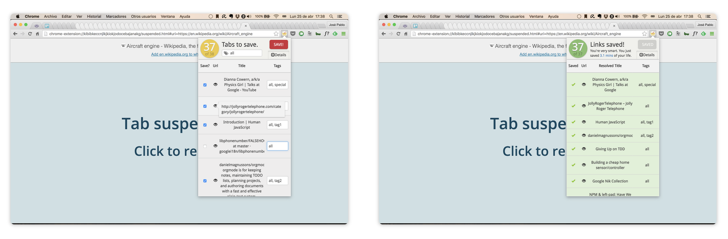 Extension popup before and after